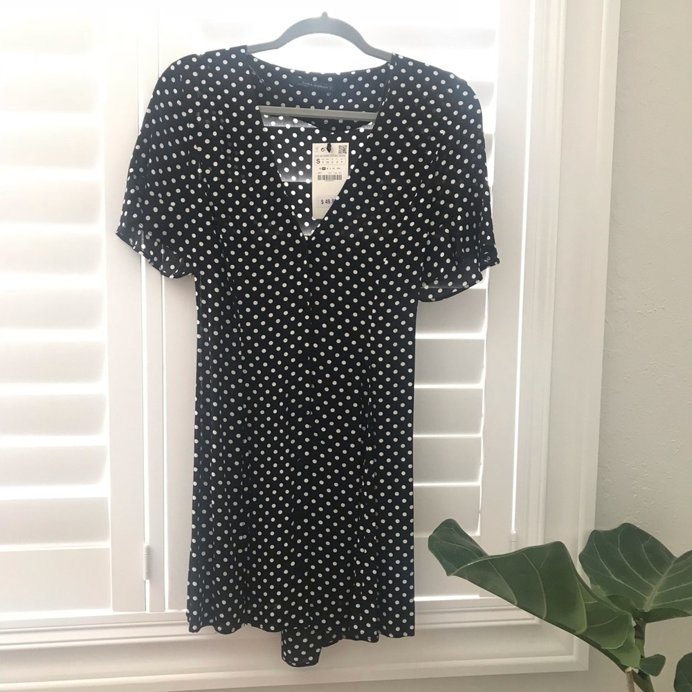 ZARA Black Polka Dot Mini Dress Size Small Ruffle Sleeve 90s Romantic - Picture 6 of 8